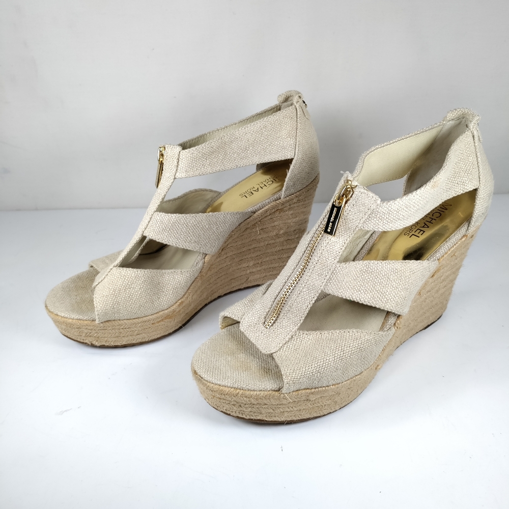 Michael Kors Dimita Wedge Sandals Womens 9.5 Beige Canvas Espadrille Gold Zipper